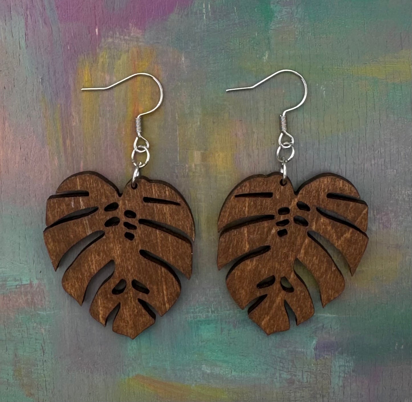Wood Monstera Leaf Earrings